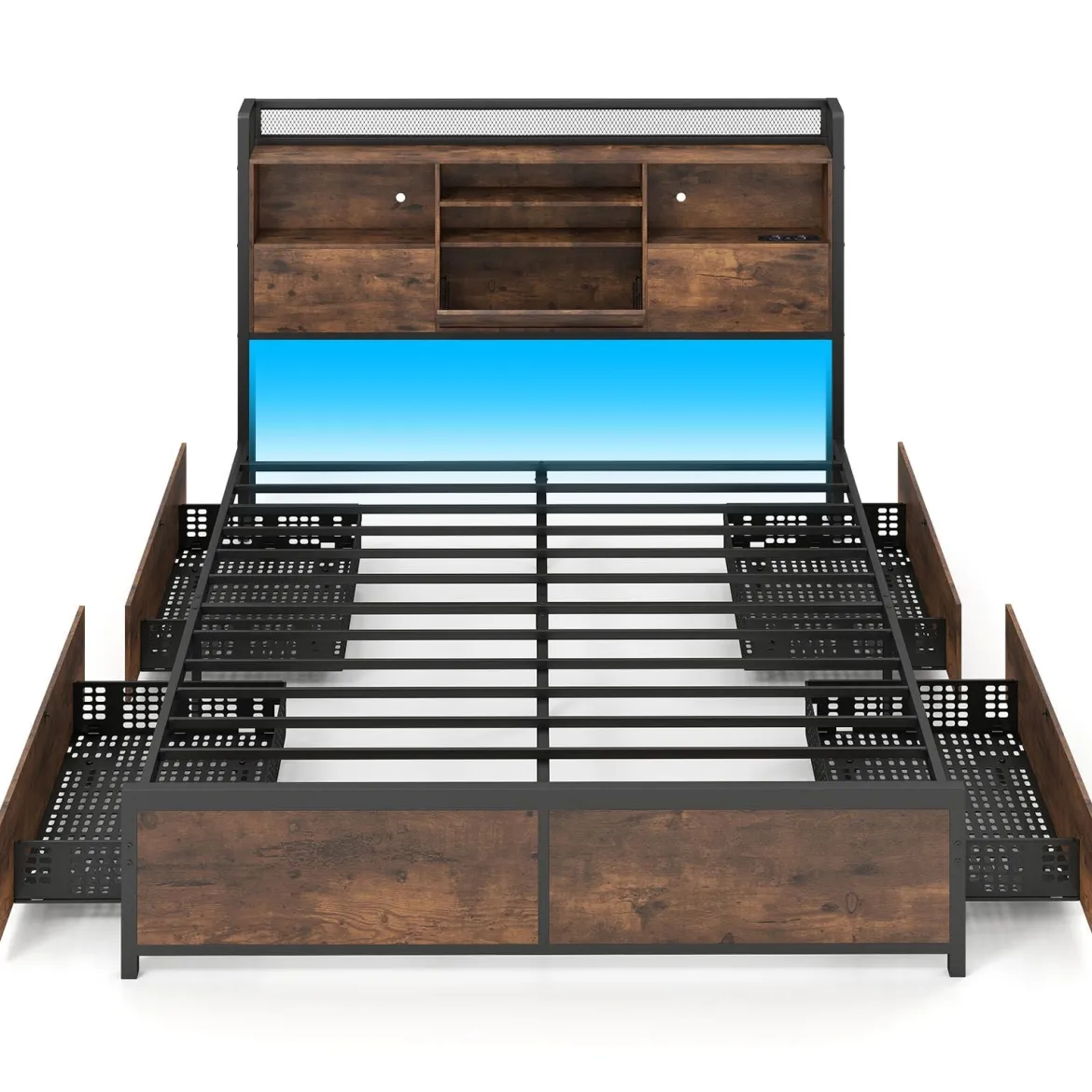 Bettgestell mit LED-Beleuchtung & Ladestation Rustikal Braun 200 x 160 cm/200 x 140 cm