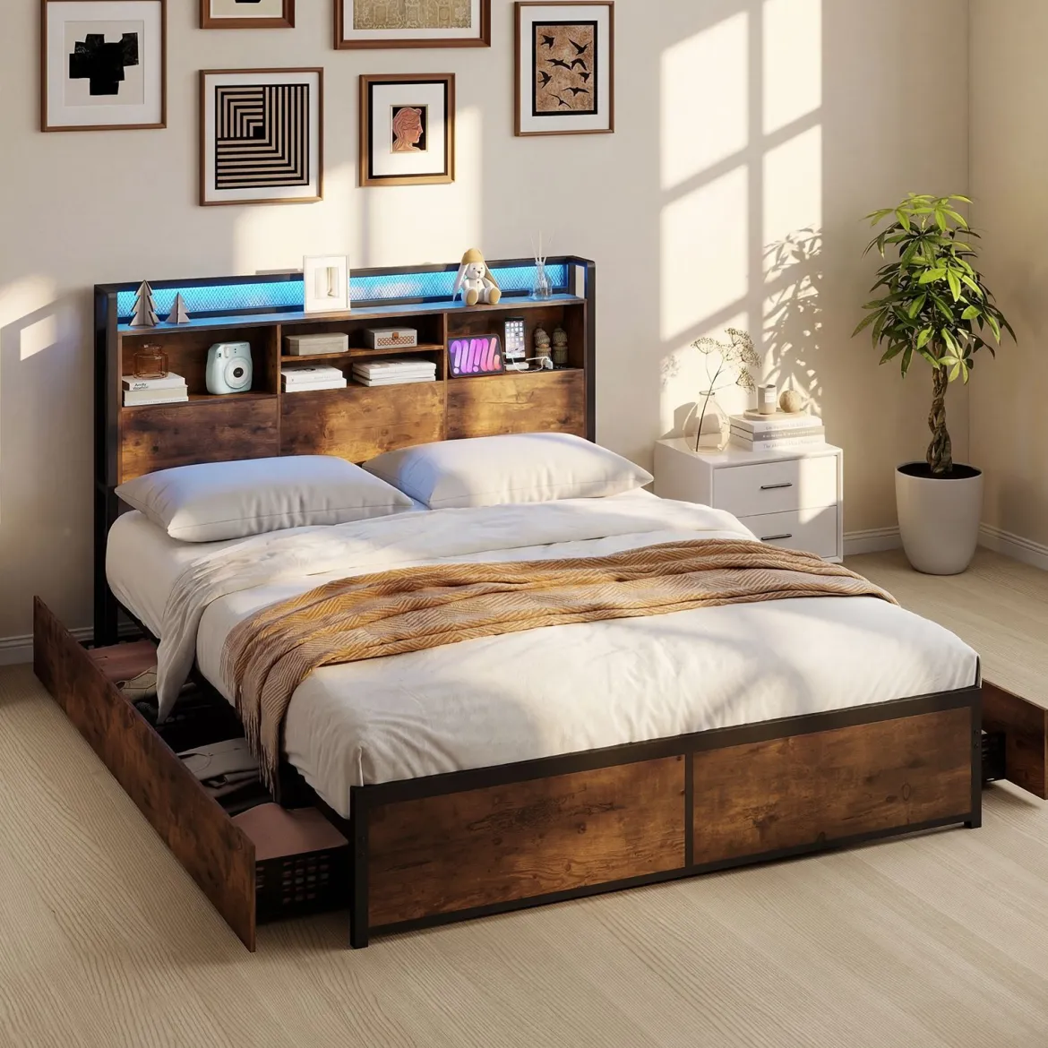 Bettgestell mit LED-Beleuchtung & Ladestation Rustikal Braun 200 x 160 cm/200 x 140 cm