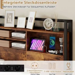 Bettgestell mit LED-Beleuchtung & Ladestation Rustikal Braun 200 x 160 cm/200 x 140 cm