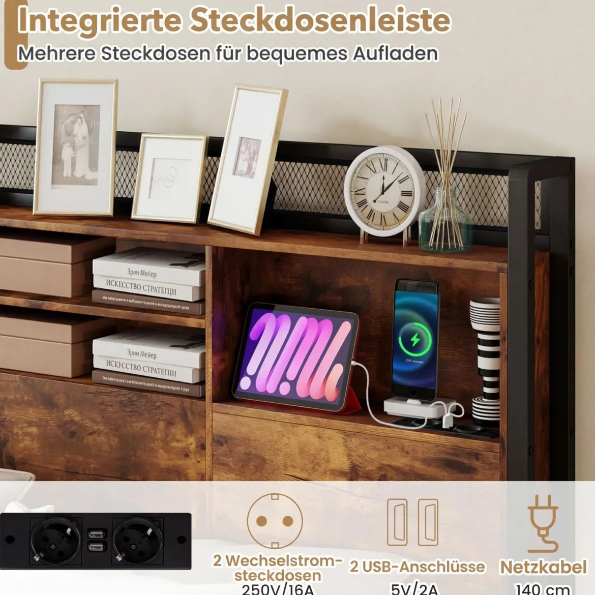 Bettgestell mit LED-Beleuchtung & Ladestation Rustikal Braun 200 x 160 cm/200 x 140 cm