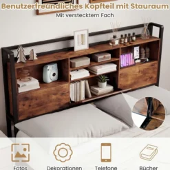 Bettgestell mit LED-Beleuchtung & Ladestation Rustikal Braun 200 x 160 cm/200 x 140 cm