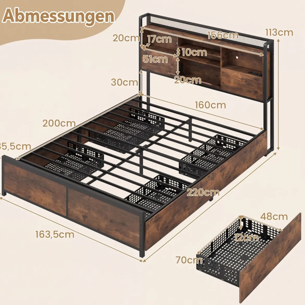 Bettgestell mit LED-Beleuchtung & Ladestation Rustikal Braun 200 x 160 cm/200 x 140 cm