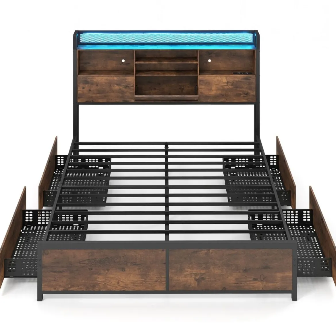 Bettgestell mit LED-Beleuchtung & Ladestation Rustikal Braun 200 x 160 cm/200 x 140 cm