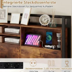 Bettgestell mit LED-Beleuchtung & Ladestation Rustikal Braun 200 x 160 cm/200 x 140 cm