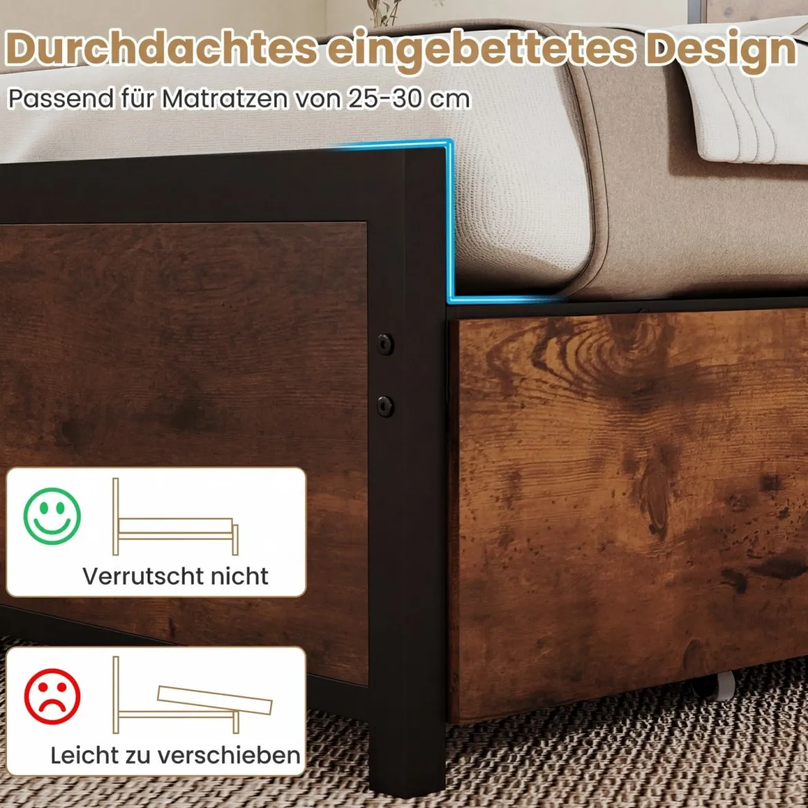 Bettgestell mit LED-Beleuchtung & Ladestation Rustikal Braun 200 x 160 cm/200 x 140 cm