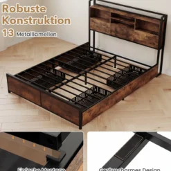 Bettgestell mit LED-Beleuchtung & Ladestation Rustikal Braun 200 x 160 cm/200 x 140 cm