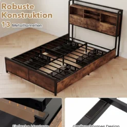 Bettgestell mit LED-Beleuchtung & Ladestation Rustikal Braun 200 x 160 cm/200 x 140 cm