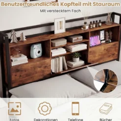 Bettgestell mit LED-Beleuchtung & Ladestation Rustikal Braun 200 x 160 cm/200 x 140 cm