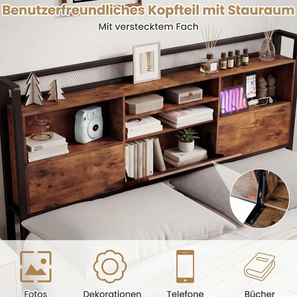 Bettgestell mit LED-Beleuchtung & Ladestation Rustikal Braun 200 x 160 cm/200 x 140 cm