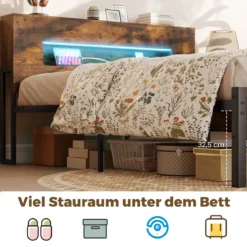 Bettgestell mit LED-Lichtern Industrielles Plattformbett mit Stauraum-Kopfteil 200 x 140 cm Rustikales Braun