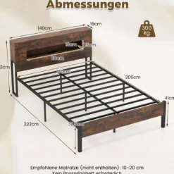 Bettgestell mit LED-Lichtern Industrielles Plattformbett mit Stauraum-Kopfteil 200 x 140 cm Rustikales Braun