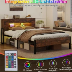 Bettgestell mit LED-Lichtern Industrielles Plattformbett mit Stauraum-Kopfteil 200 x 140 cm Rustikales Braun