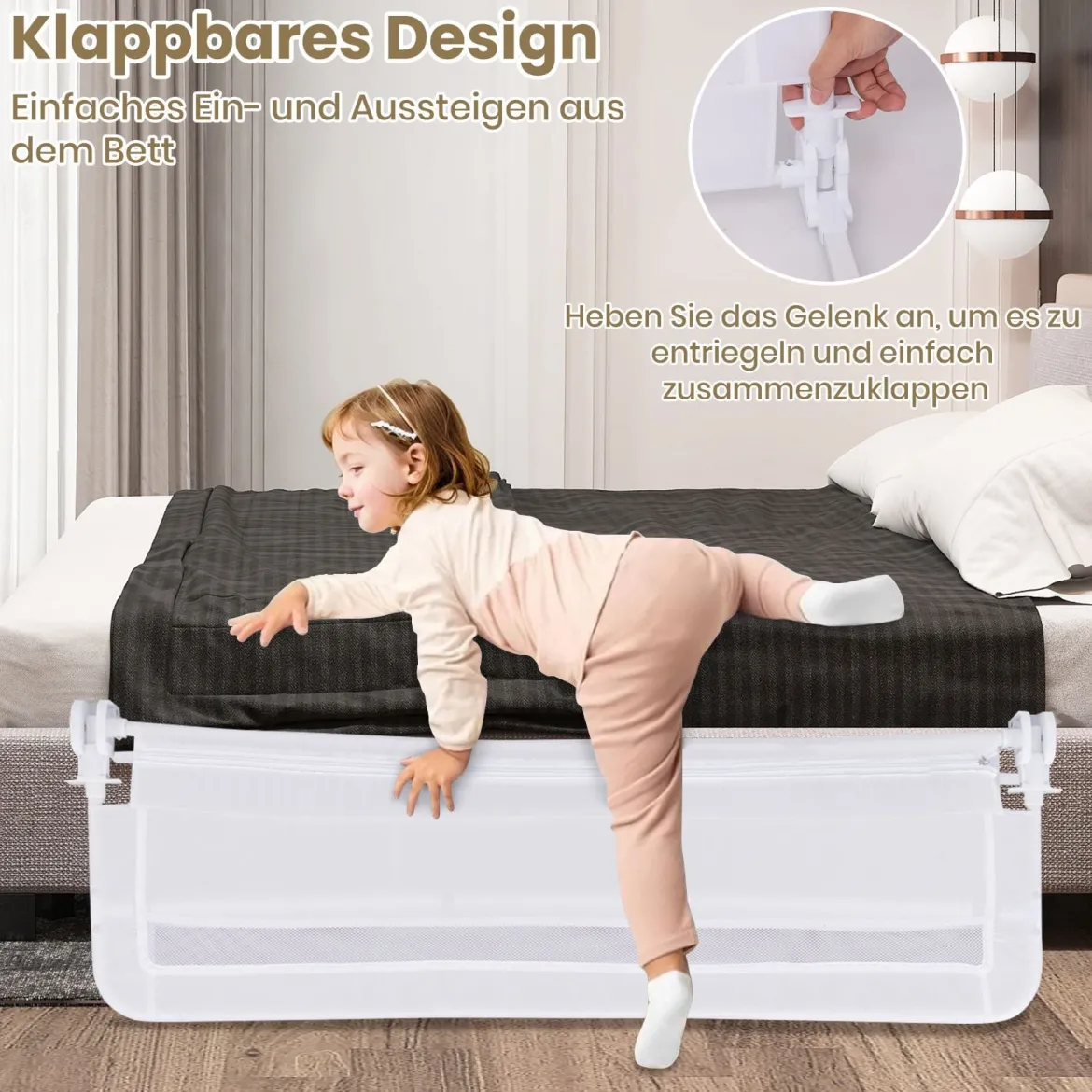Bettgitter für Kleinkinder 120 cm faltbares Babybettgitter mit abnehmbarem & waschbarem Bezug Grau/Weiß
