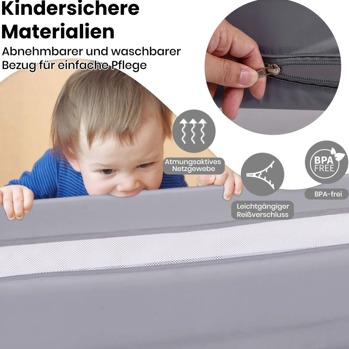 Bettgitter für Kleinkinder 120 cm faltbares Babybettgitter mit abnehmbarem & waschbarem Bezug Grau/Weiß