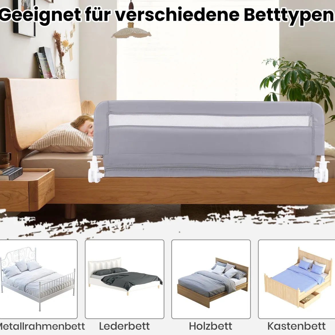 Bettgitter für Kleinkinder 120 cm faltbares Babybettgitter mit abnehmbarem & waschbarem Bezug Grau/Weiß