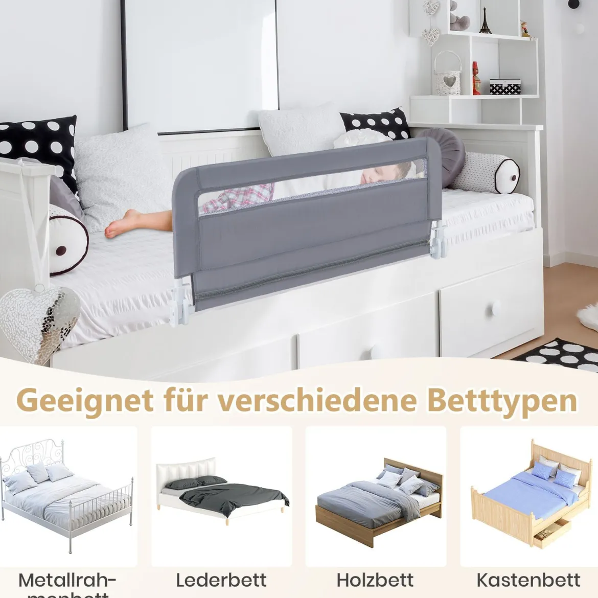 Bettgitter für Kleinkinder 100 cm faltbares Baby-Bettgitter mit abnehmbarem & waschbarem Bezug Grau/Weiß
