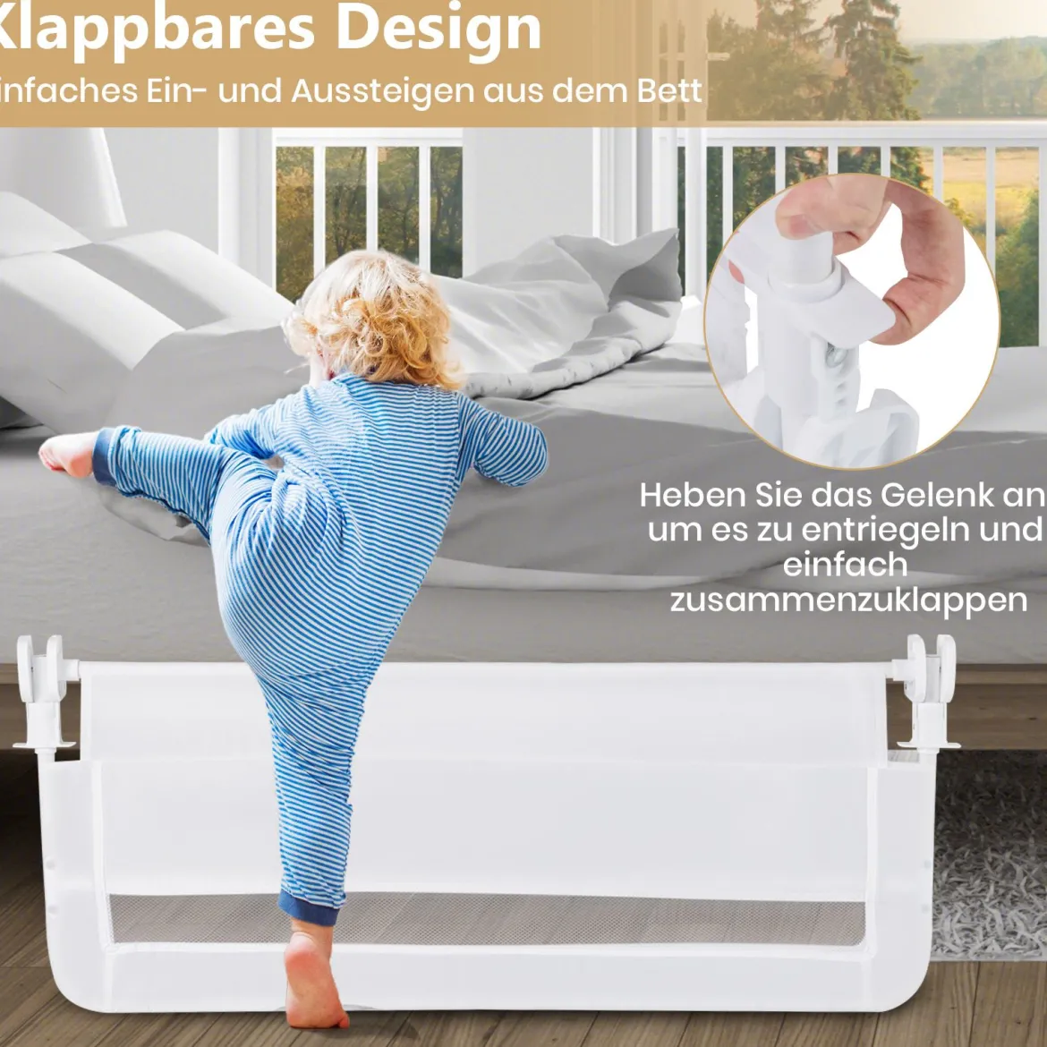 Bettgitter für Kleinkinder 100 cm faltbares Baby-Bettgitter mit abnehmbarem & waschbarem Bezug Grau/Weiß