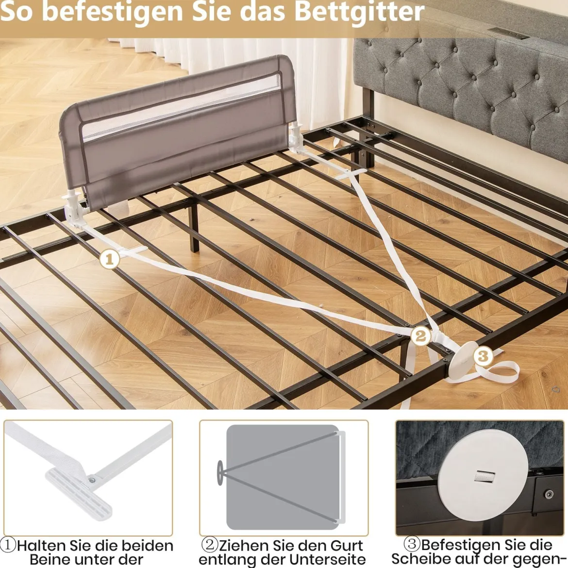 Bettgitter für Kleinkinder 100 cm faltbares Baby-Bettgitter mit abnehmbarem & waschbarem Bezug Grau/Weiß