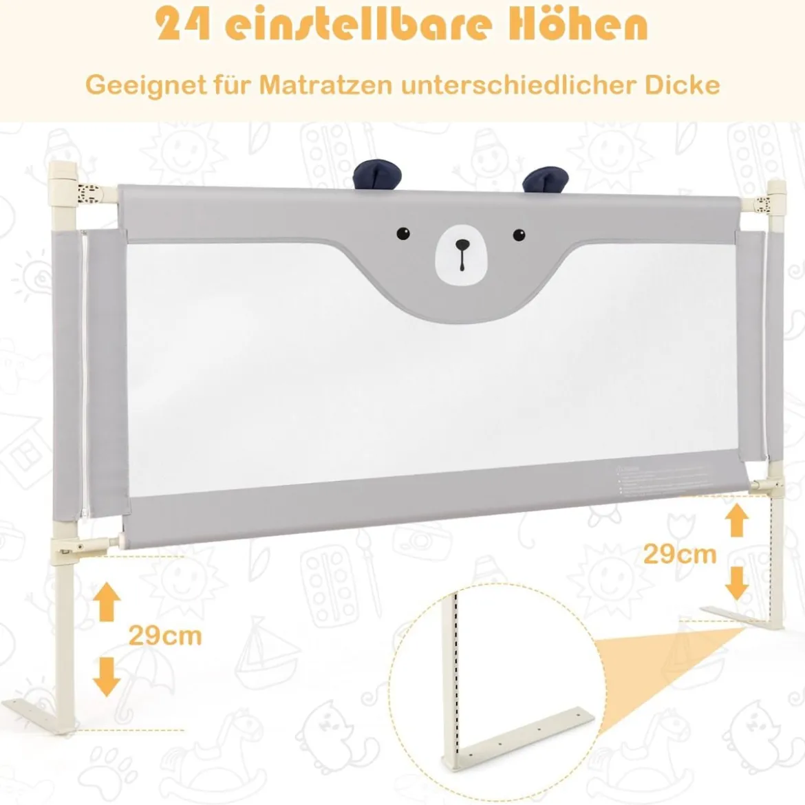 Bettgitter Klappbares Bettgeländer für Kleinkinder 145 x 25 x 101,5 cm Grau