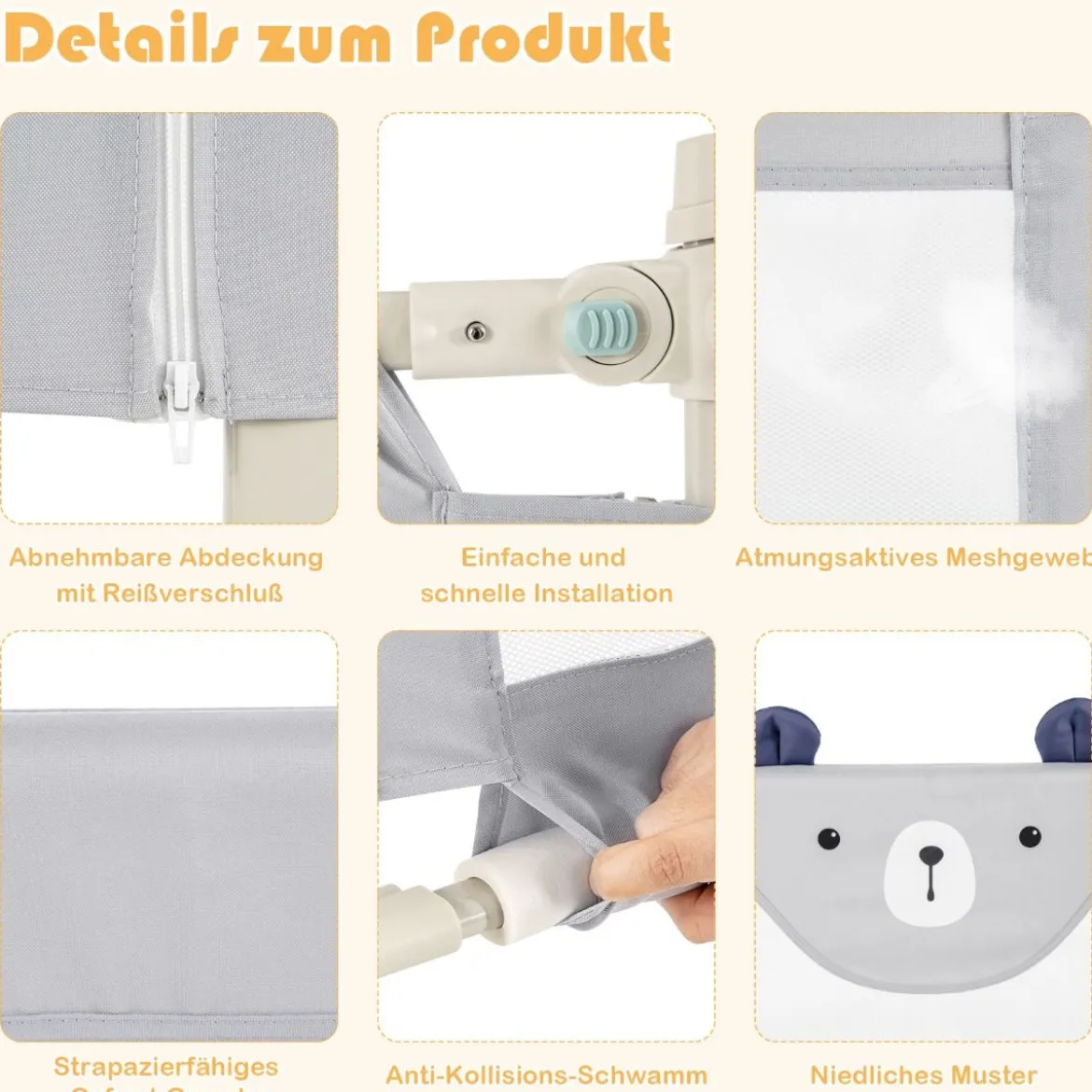 Bettgitter Klappbares Bettgeländer für Kleinkinder 145 x 25 x 101,5 cm Grau