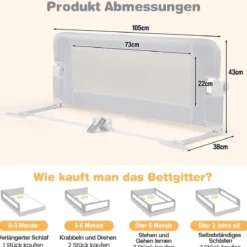Bettgitter Sicherheitsgitter für Kleinkinder mit weichem Schaumstoff mit Gurt 105 x 40 x 42 cm Weiß