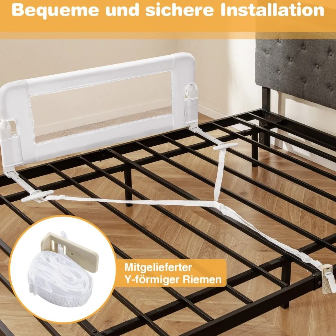 Bettgitter Sicherheitsgitter für Kleinkinder mit weichem Schaumstoff mit Gurt 105 x 40 x 42 cm Weiß