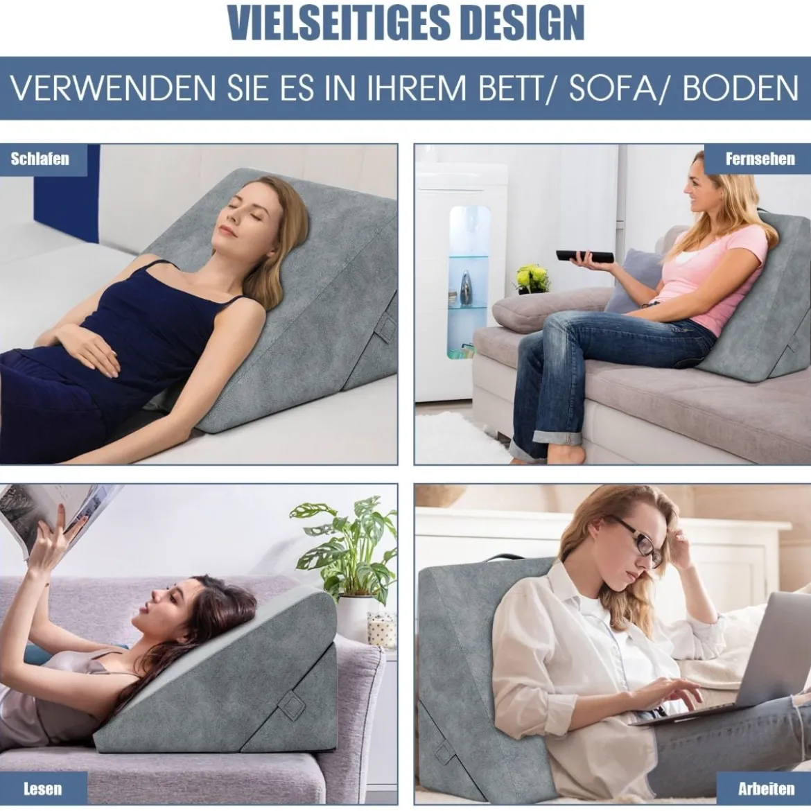 Bettkeil-Kissen einstellbares Rückstellschaum-Neigungskissen Keilkissen 58 x 50,5 x 36 cm Grau
