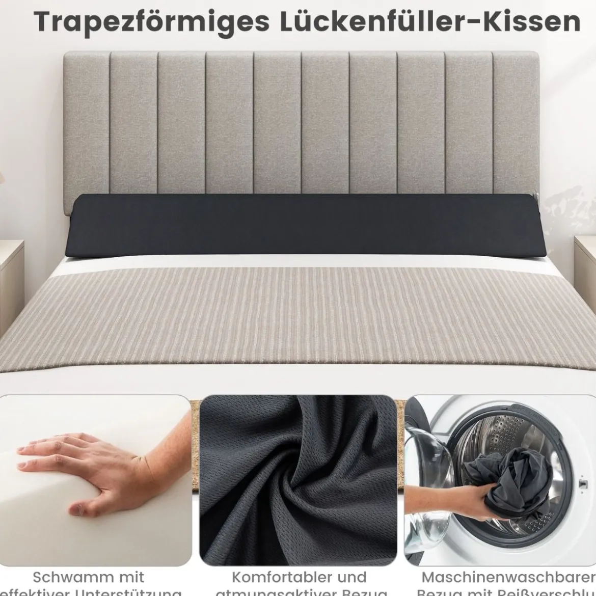 Bett-Lückenfüller Bettkeil mit Seitentasche Keilkissen für das Bett 137 x 25 x 13 cm Grau