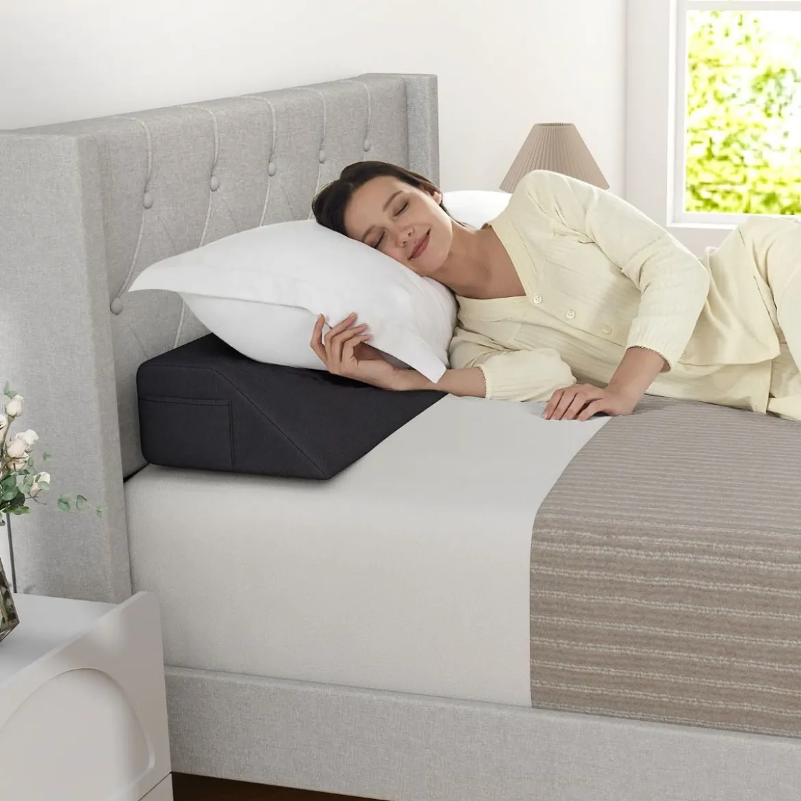 Bett-Lückenfüller Bettkeil mit Seitentasche Keilkissen für das Bett Grau 99 x 25 x 13 cm