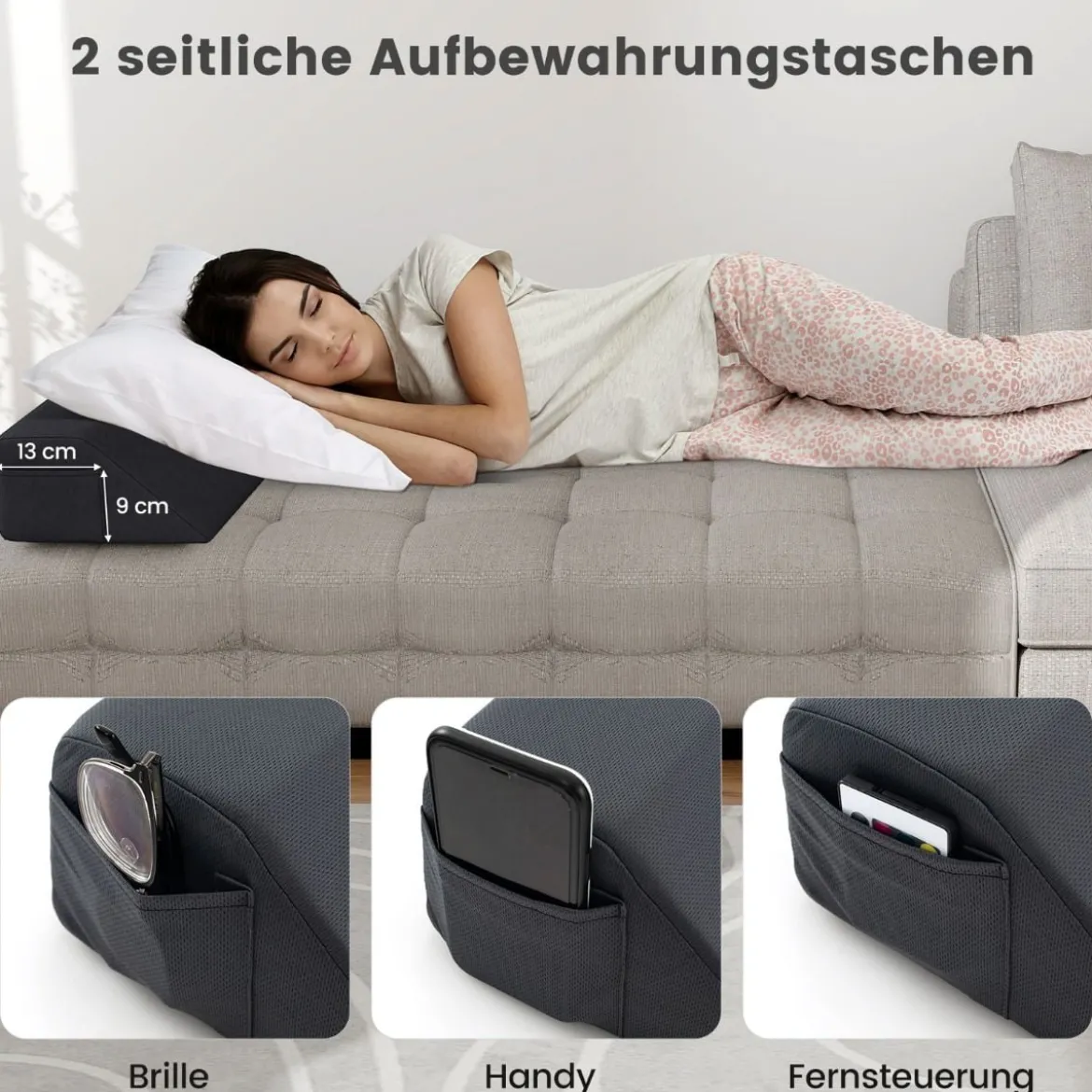 Bett-Lückenfüller Bettkeil mit Seitentasche Keilkissen für das Bett Grau 99 x 25 x 13 cm