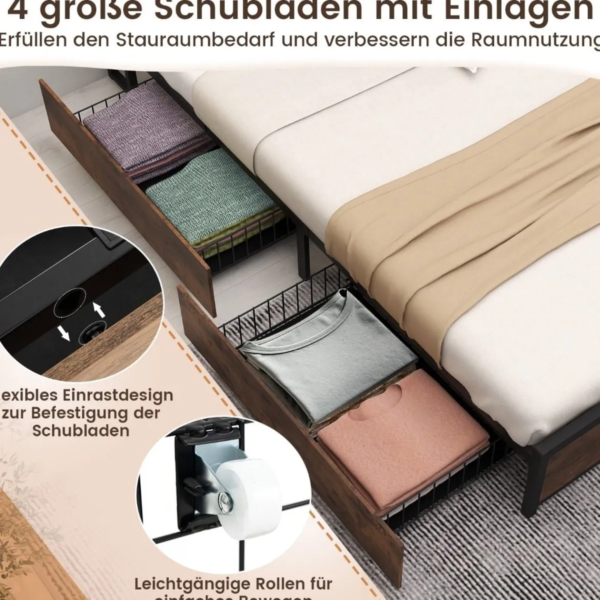 Bett mit Ladestation und 4 Schubladen Kopfteil mit Stauraum Vintage Braun 223 x 143 x 112 cm
