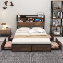 Bett mit Ladestation und 4 Schubladen Kopfteil mit Stauraum Vintage Braun 223 x 143 x 112 cm