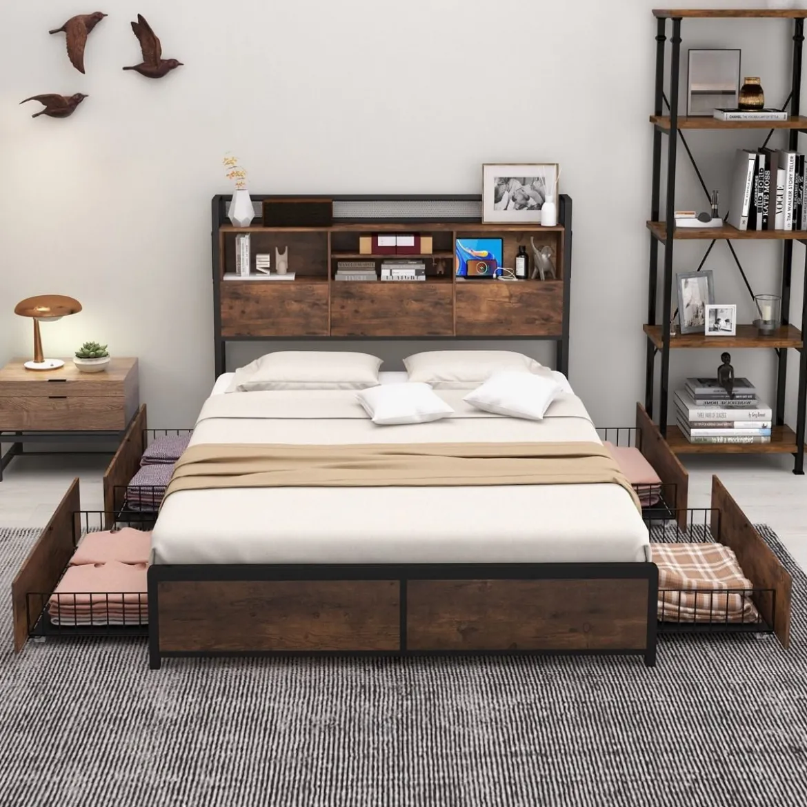 Bett mit Ladestation und 4 Schubladen Kopfteil mit Stauraum Vintage Braun 223 x 143 x 112 cm
