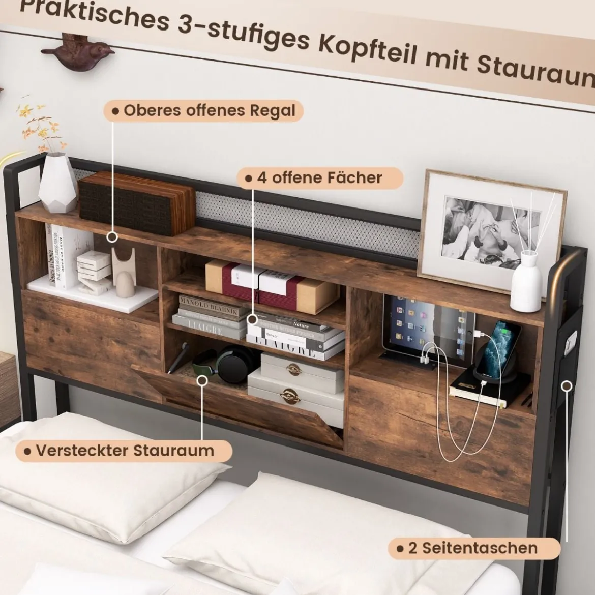 Bett mit Ladestation und 4 Schubladen Kopfteil mit Stauraum Vintage Braun 223 x 143 x 112 cm