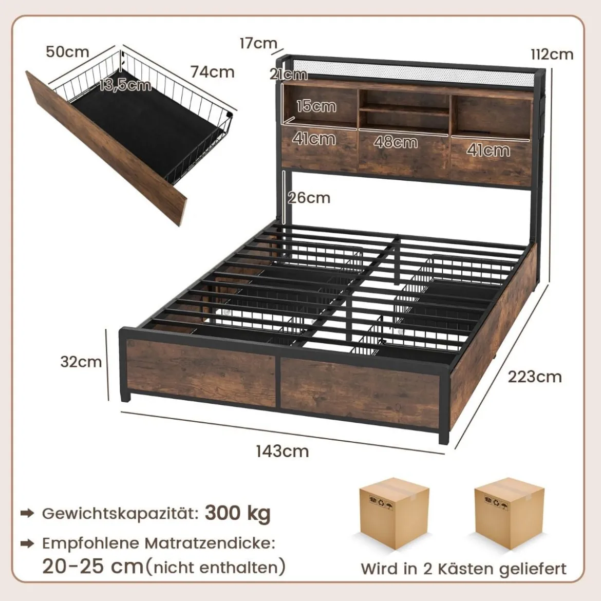 Bett mit Ladestation und 4 Schubladen Kopfteil mit Stauraum Vintage Braun 223 x 143 x 112 cm