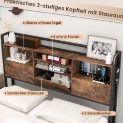 Bett mit Ladestation und 4 Schubladen Kopfteil mit Stauraum Vintage Braun 223,5 x 163 x 112 cm