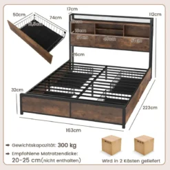 Bett mit Ladestation und 4 Schubladen Kopfteil mit Stauraum Vintage Braun 223,5 x 163 x 112 cm