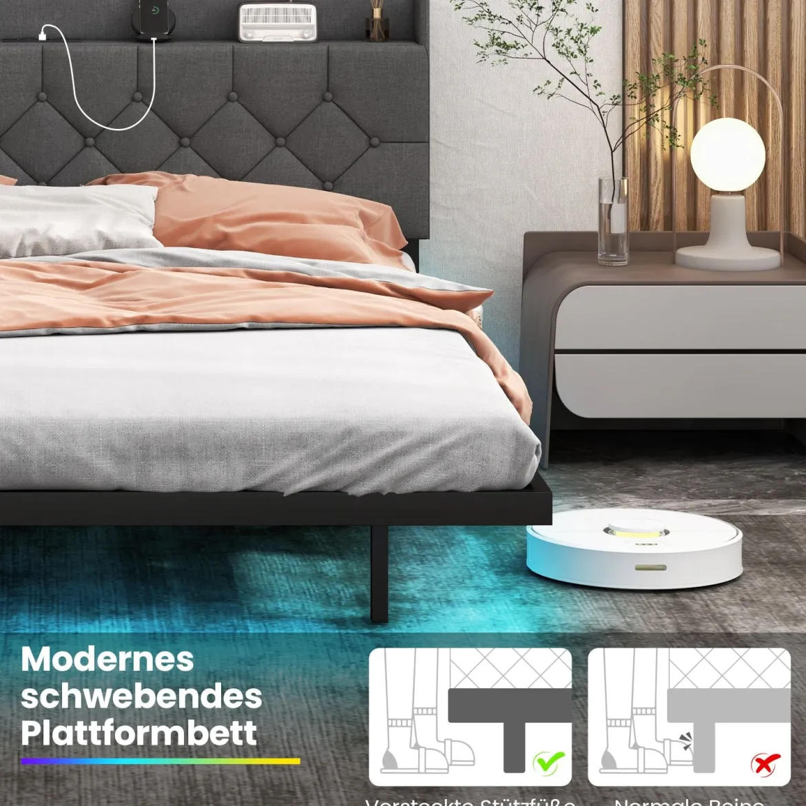 Bett mit LED Beleuchtung & Ladestation 160 x 200 cm Polsterbett mit verstellbarem gepolstertem Kopfteil Grau