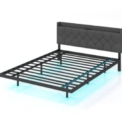 Bett mit LED Beleuchtung & Ladestation 160 x 200 cm Polsterbett mit verstellbarem gepolstertem Kopfteil Grau