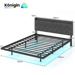 Bett mit LED Beleuchtung & Ladestation 160 x 200 cm Polsterbett mit verstellbarem gepolstertem Kopfteil Grau