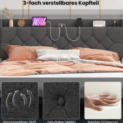 Bett mit LED Beleuchtung & Ladestation 160 x 200 cm Polsterbett mit verstellbarem gepolstertem Kopfteil Grau