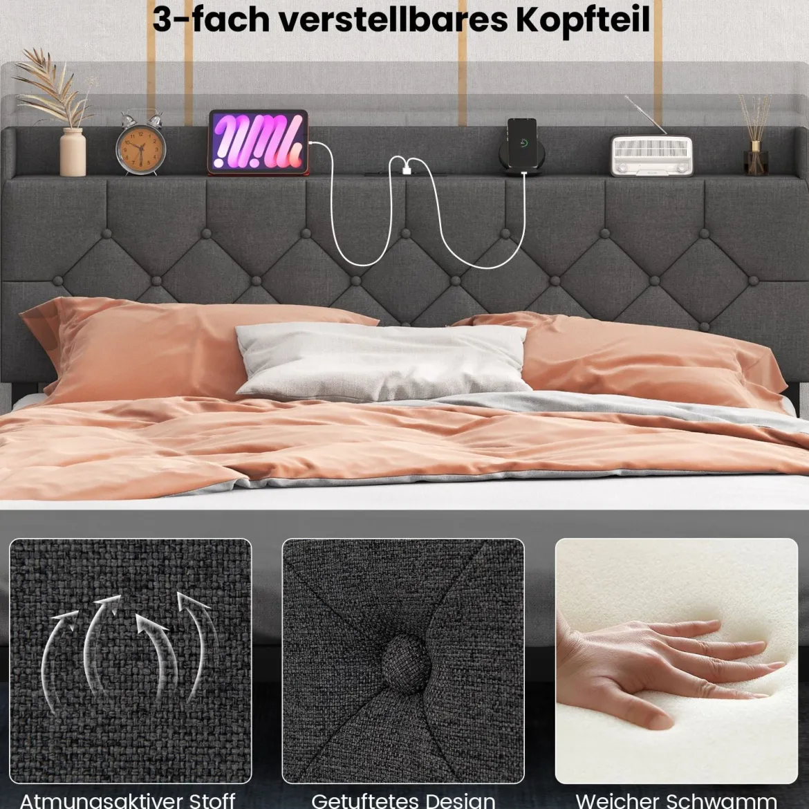 Bett mit LED Beleuchtung & Ladestation 160 x 200 cm Polsterbett mit verstellbarem gepolstertem Kopfteil Grau