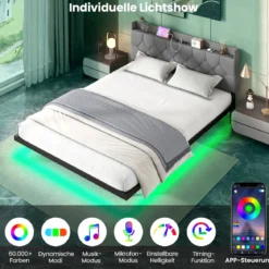 Bett mit LED Beleuchtung & Ladestation 160 x 200 cm Polsterbett mit verstellbarem gepolstertem Kopfteil Grau