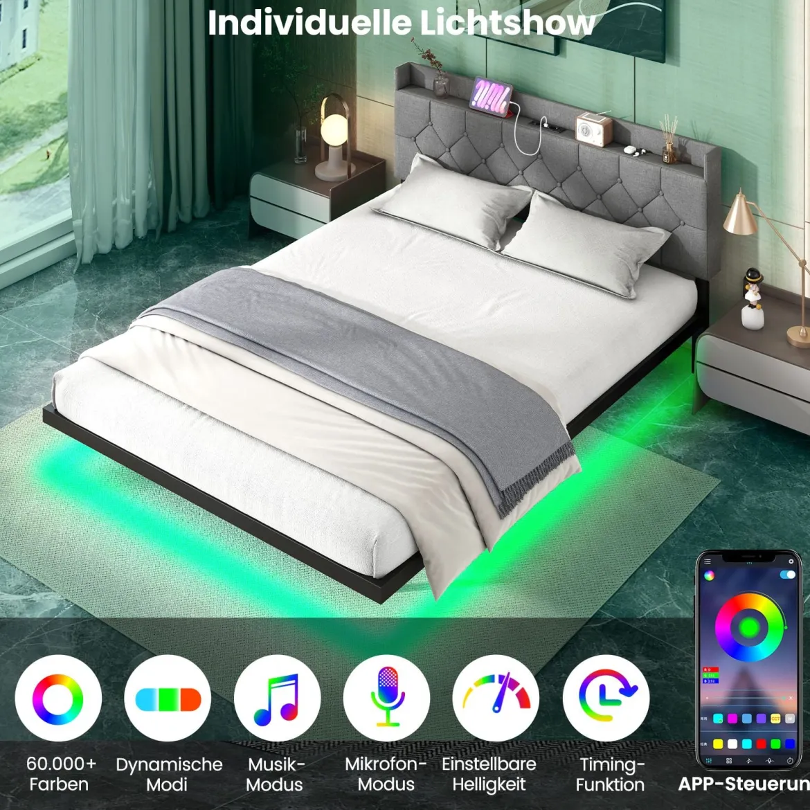 Bett mit LED Beleuchtung & Ladestation 160 x 200 cm Polsterbett mit verstellbarem gepolstertem Kopfteil Grau