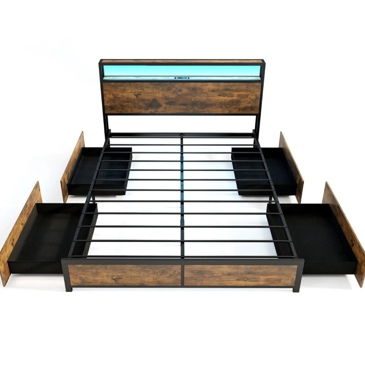 Bett mit LED Beleuchtung Ladestation & 4 Schubladen Stauraumbett mit Kopfteil & Lattenrost 200 x 160 cm