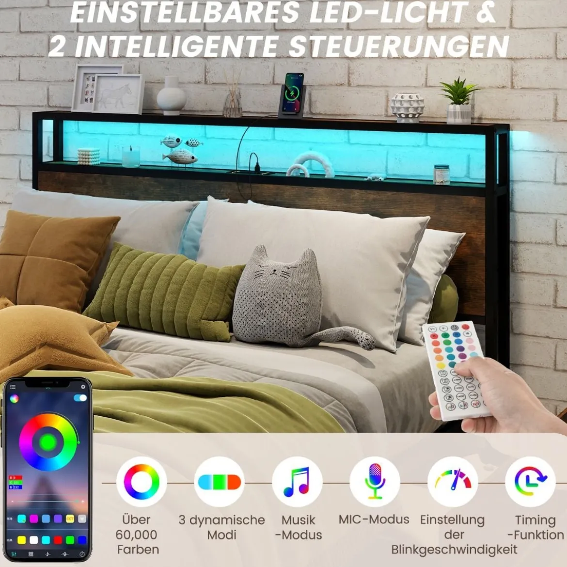 Bett mit LED Beleuchtung Ladestation & 4 Schubladen Stauraumbett mit Kopfteil & Lattenrost 200 x 160 cm