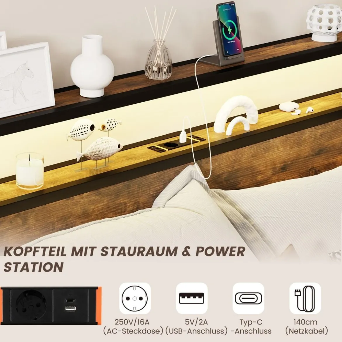 Bett mit LED Beleuchtung Ladestation & 4 Schubladen Stauraumbett mit Kopfteil & Lattenrost 200 x 160 cm