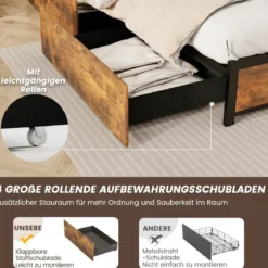 Bett mit LED Beleuchtung Ladestation & 4 Schubladen Stauraumbett mit Kopfteil & Lattenrost 200 x 160 cm