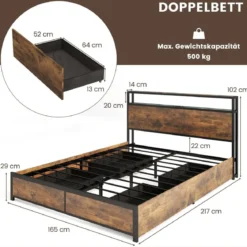 Bett mit LED Beleuchtung Ladestation & 4 Schubladen Stauraumbett mit Kopfteil & Lattenrost 200 x 160 cm
