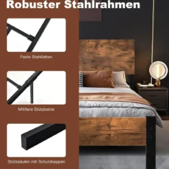 Bettrahmen Stahlrahmen mit Lattenrost 200 x 90 cm Bettgestell mit Kopfteil Design Schwarz & Braun